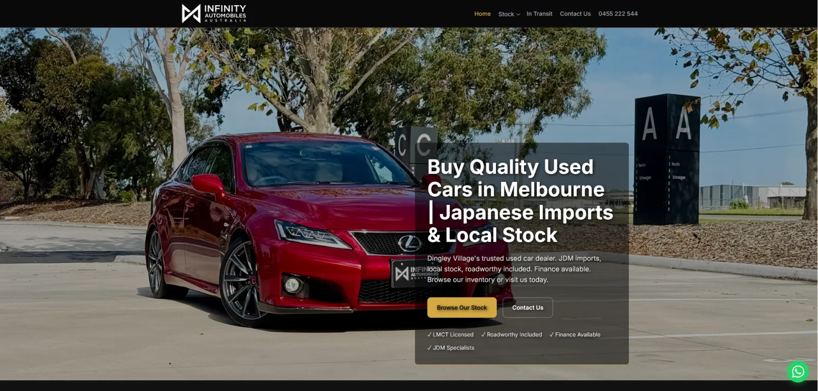 Infinity Automobiles dealership website showing JDM import vehicle listings