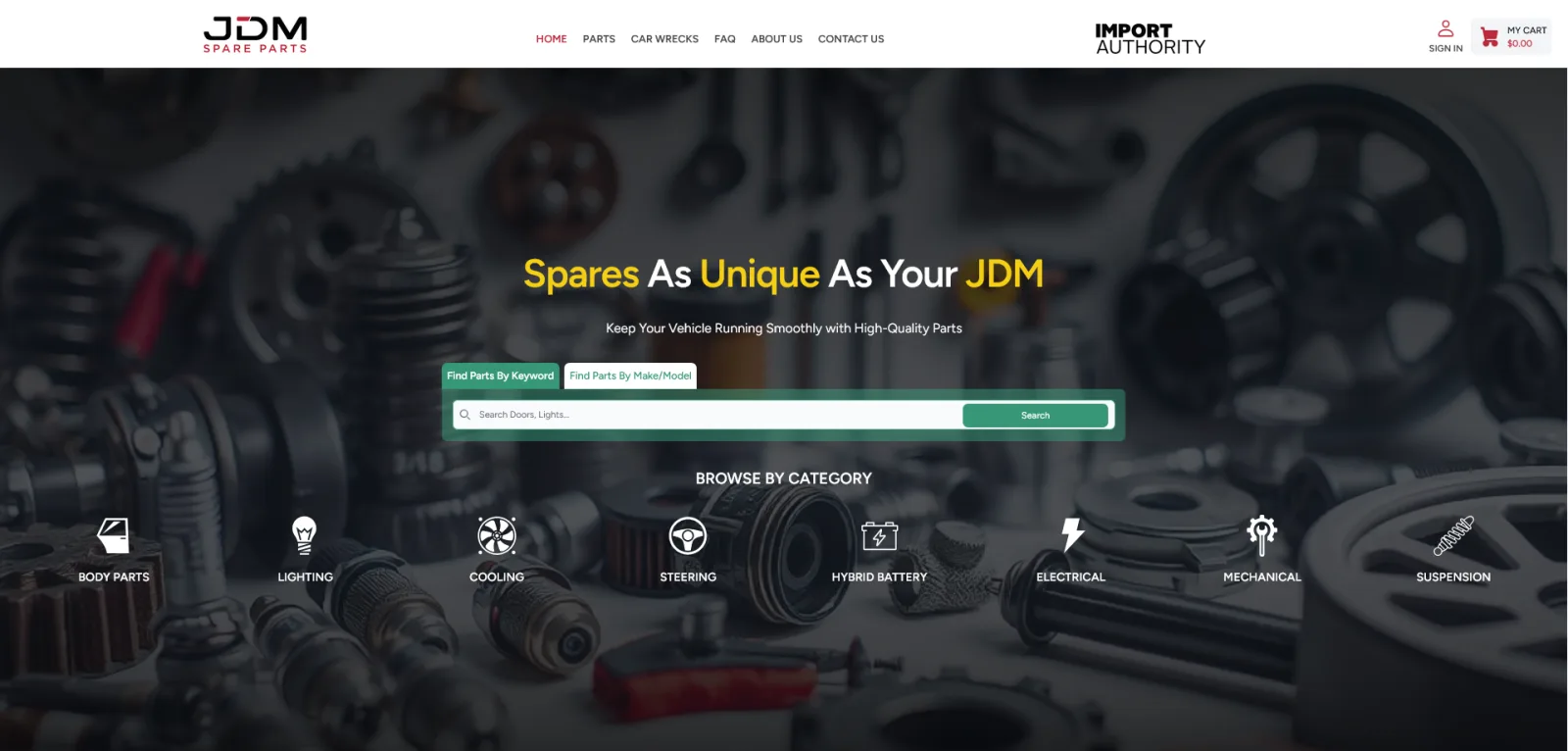 JDM Spare Parts ecommerce storefront showing Japanese performance parts with chassis-code search